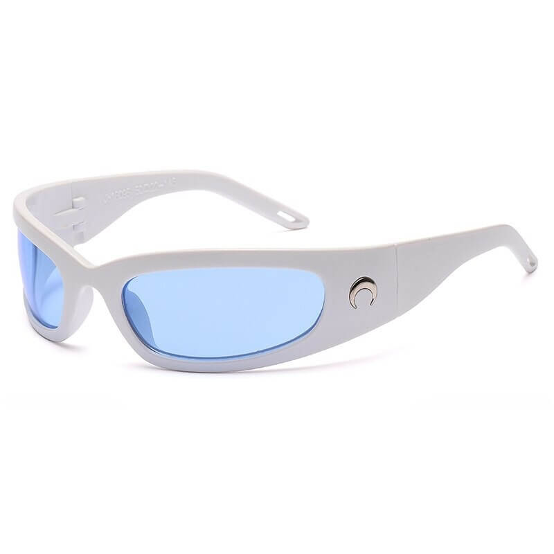 Sleek white sunglasses with blue mirrored lenses featuring a unique side logo on the arms, offering stylish sun protection.